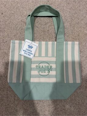 Trader Joe's Mint Green Striped Canvas Tote Bag